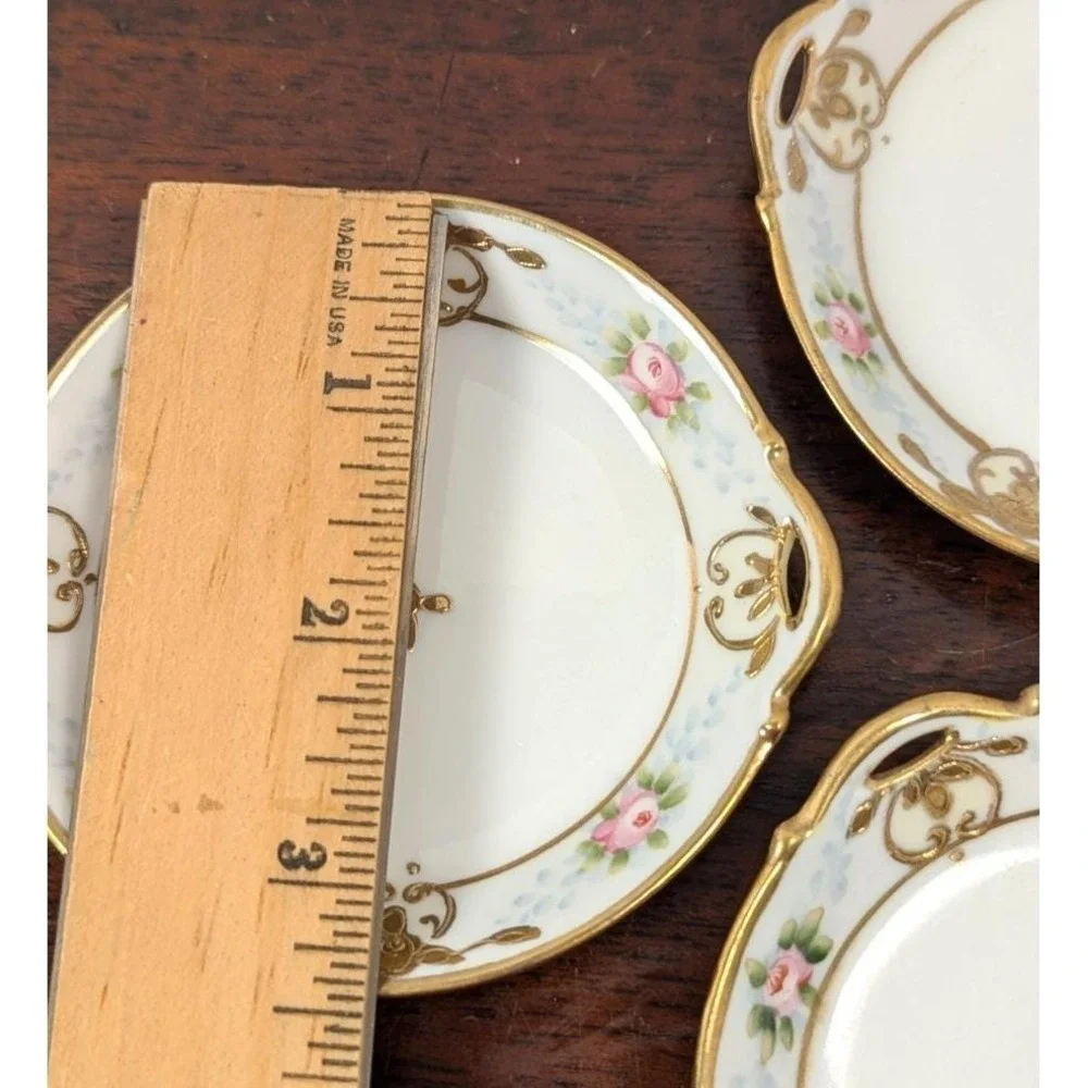 Vintage Hand Painted Nippon Butter Pats Set of 3 Pink Rose Gold Gilt Porcelain